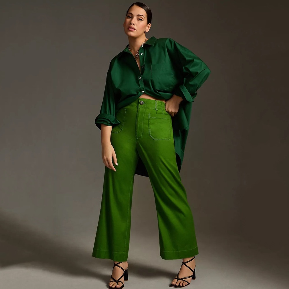 NWT Anthropologie The Colette Cropped Wide-Leg Pants Linen Edition Green